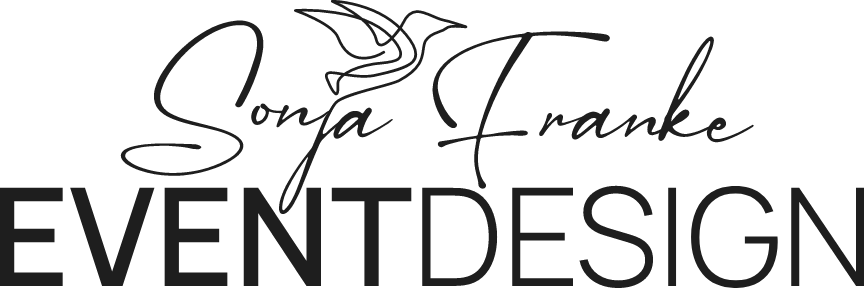 Logo with cursive text 'Sonja Franke' above bold text 'EVENT DESIGN' and a small abstract hummingbird illustration.